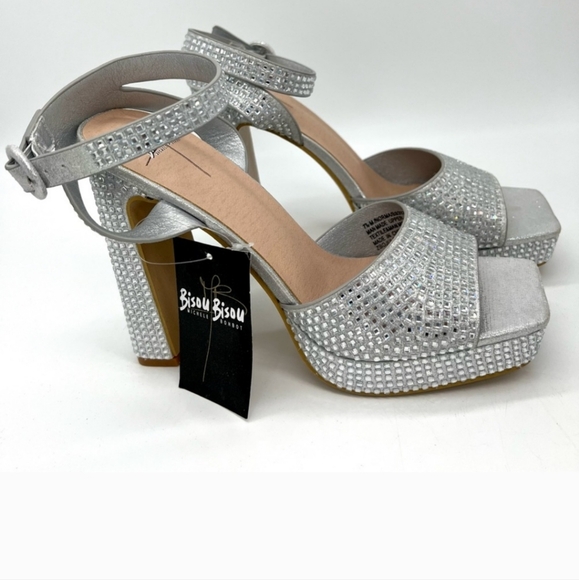 Silver Rhinestone Platform Block Heels - Picture 2 of 7